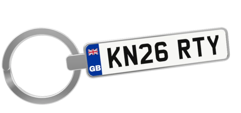 A chrome keyring with the reg KN26 RTY, a white UK number plate with a GB flag