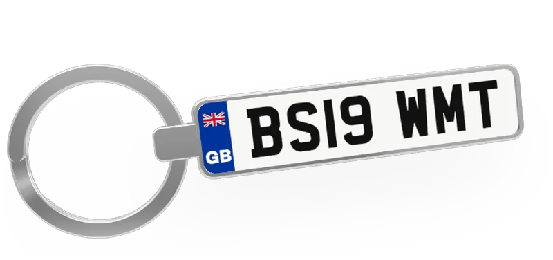 A chrome keyring with the reg BS19 WMT on a white UK number plate with a GB flag