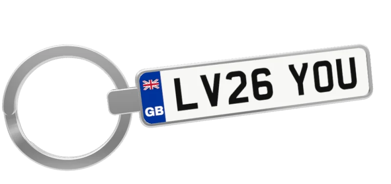 A chrome keyring with the reg LV26 YOU on a white UK number plate with a GB flag